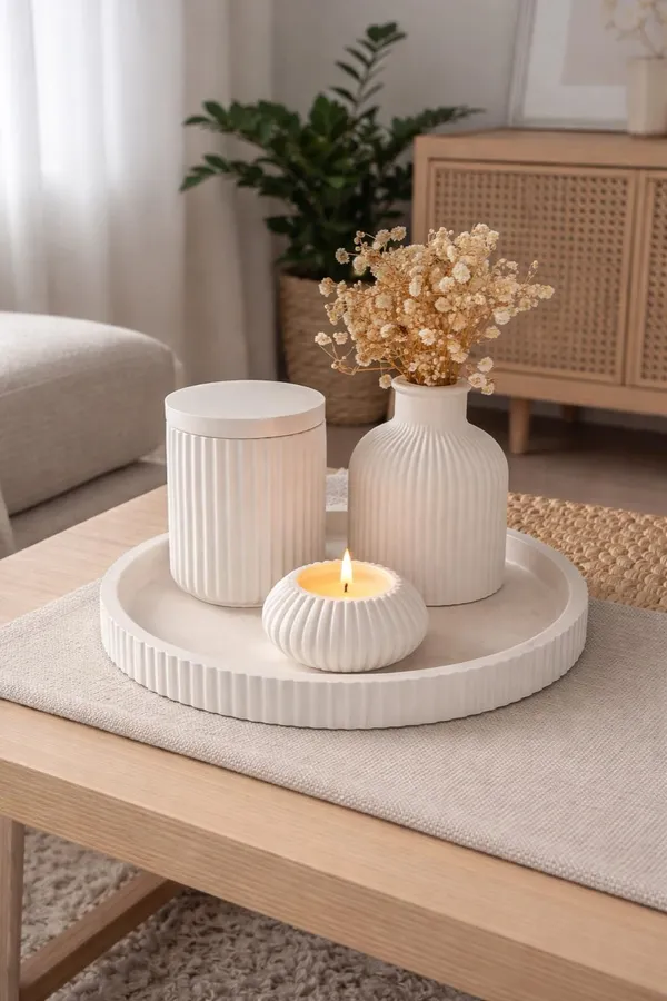 A ceramic tray with a lidded jar, vase and lit candle